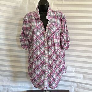 Bongo Women's Pink Plaid Button Down Blouse Size 2X Casual Long Sleeve Shirt